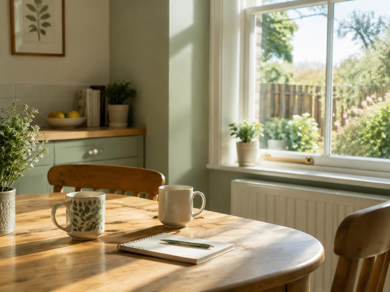 A sunlit kitchen table with two mugs and a notepad